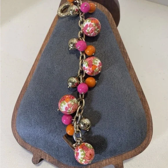 Vera Bradley Lilli Bell bracelet with pink, orange Floral beads, Gold Toned 7.5” - Picture 1 of 4